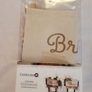 Celebrate It Wedding Bride & Groom Chair Signs Gold 2 pc New